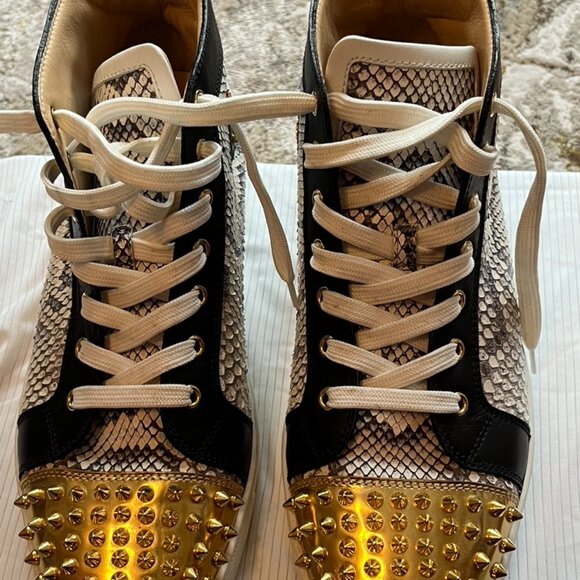 AUTHENTIC CHRISTIAN LOUBOUTIN VERSION GOLD/BLACK/WHITE PYTHON/SPIKES Size us 10. - Picture 1 of 11